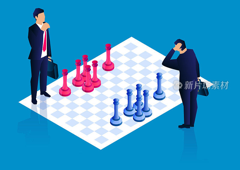 Two businessmen standing on the chessboard, concept of business strategy and confrontation